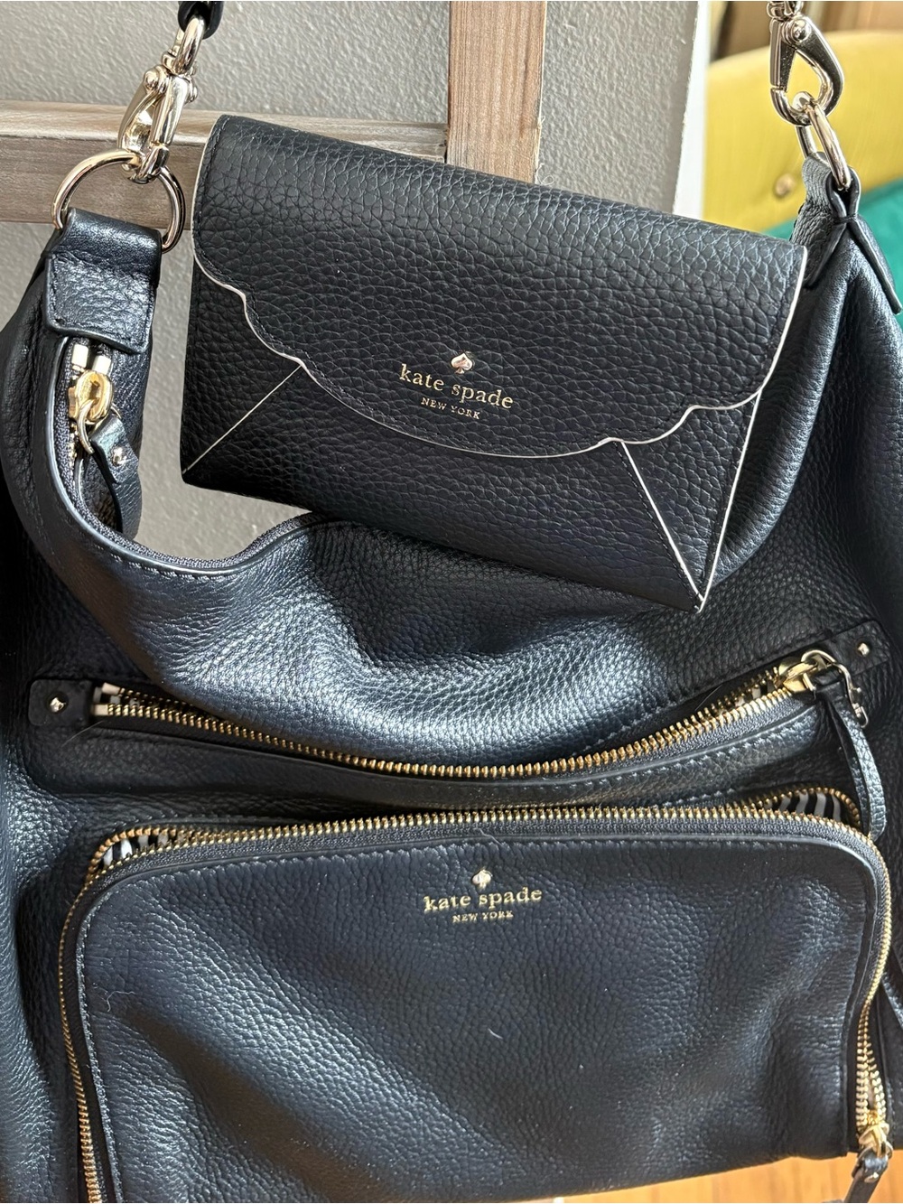 kate spade Black Pebbled Leather Shoulder Bag with Matching Wallet